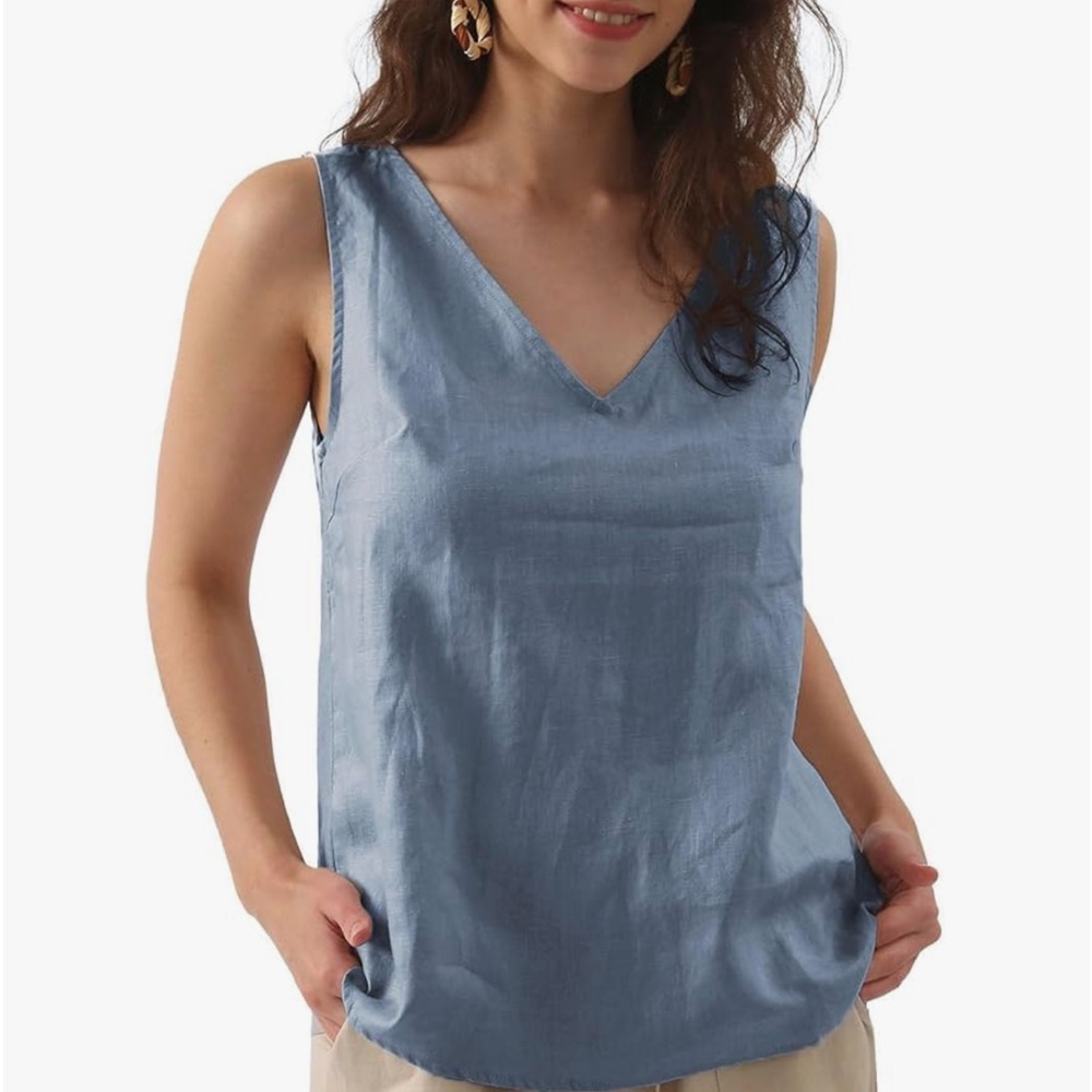 NWT Blue Linen Sleeveless V Neck Tank Top - Size S